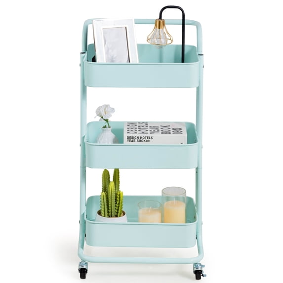 Topbuy 3-Tier Metal Rolling Utility Storage Cart Service Trolley Cart with Lockable Wheels Blue
