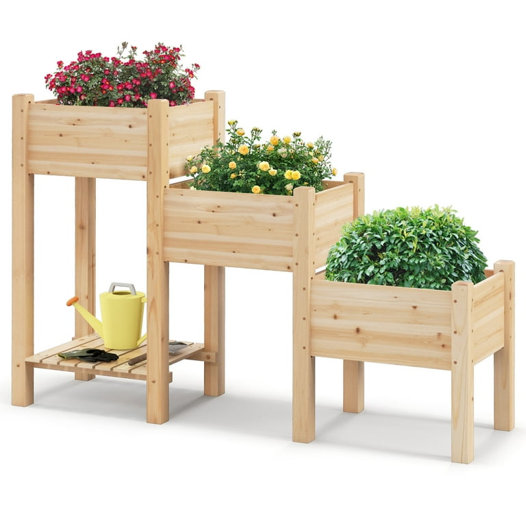 Topbuy 3-Tier Wooden Raised Garden Bed Elevated Garden Planter w 