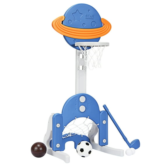 Topbuy 3-in-1 Basketball Hoop Set Stand Toddler Basketball Hoop Game Set Blue