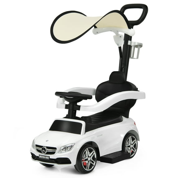Topbuy 3 in 1 Ride On Push Car Mercedes Benz For Toddlers Stroller Sliding Walking Car With Sun Canopy White
