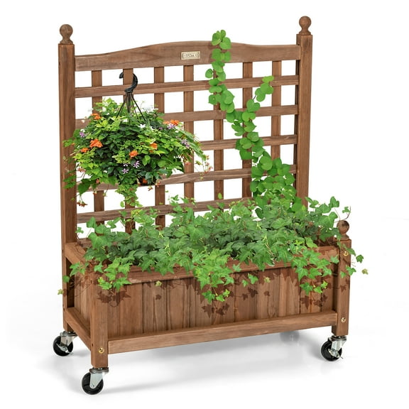 Patiojoy 32in Wood Planter Box with Trellis and Wheels Mobile Plant Raised Bed for Indoor&Outdoor
