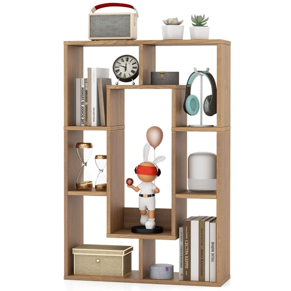 Topbuy 35.5” Geometric Bookshelf Open-back Bookcase w/ 7 Cubes Free-standing Storage Shelf Unit w/ Anti-Toppling Devices Natural
