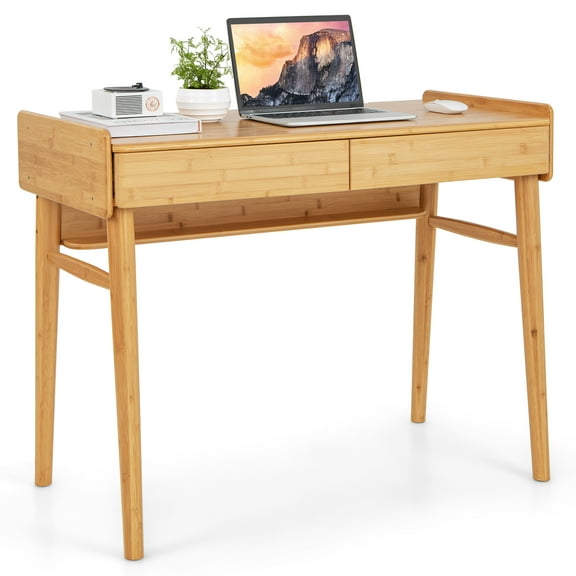 Topbuy 39.5 Bamboo Computer Desk Study Writing Desk with 2 Pull-Out Drawers Shelf & Cable Management Groove