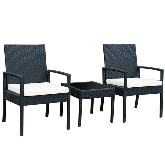 Topbuy 3PCS Rattan Table & Chairs Set Wicker Cushioned Furniture Black