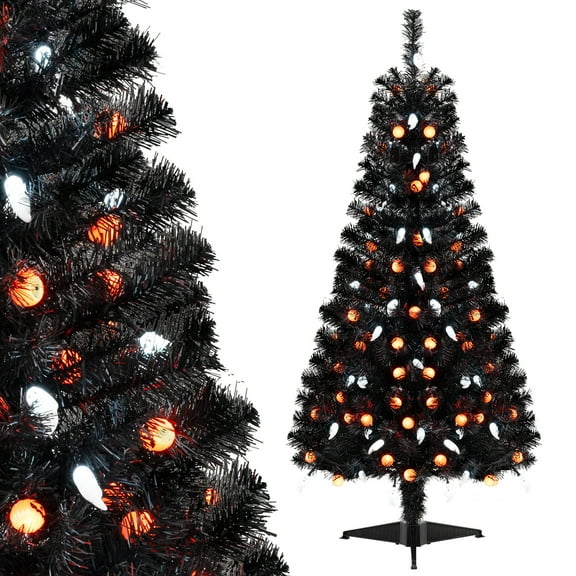 Topbuy 4.5 FT Artificial Halloween Tree Black Christmas Tree w/ Branch Tips Orange Pumpkin Lights & Cold White Ghost Lights