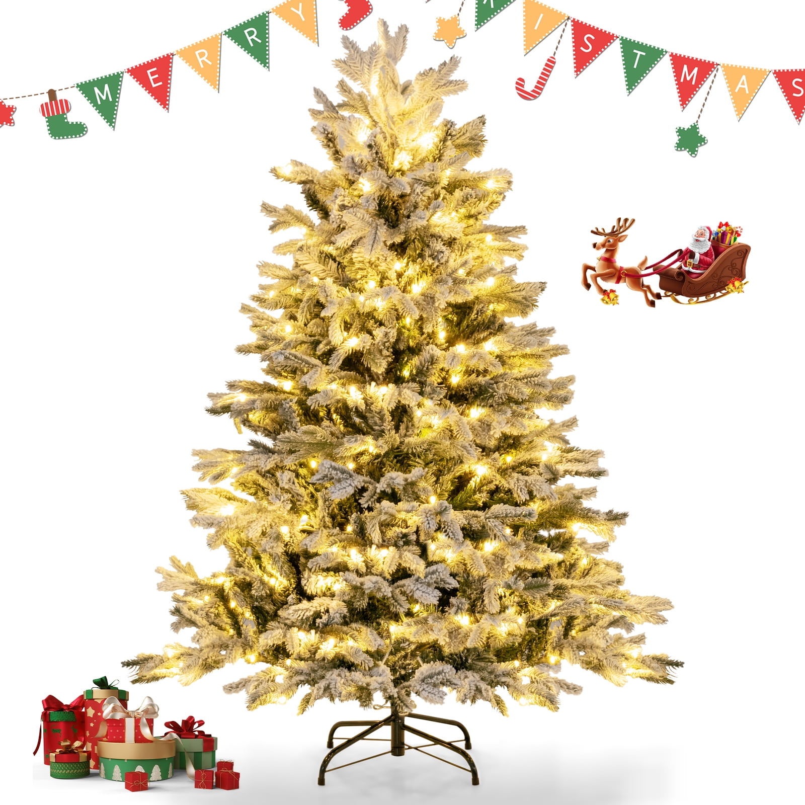 Topbuy 4.5 FT Prelit Artificial Christmas Tree Snowflocked Xmas Tree