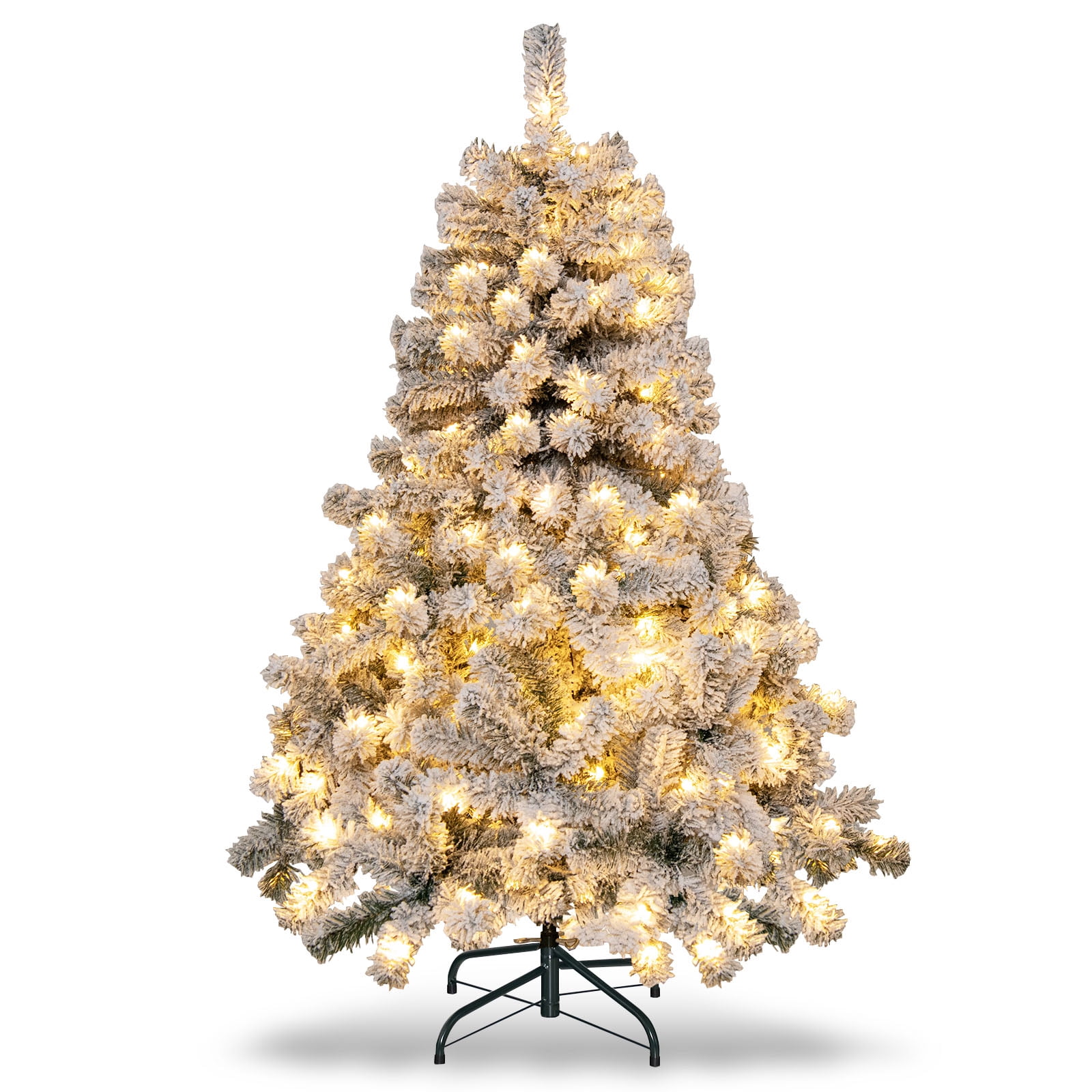 Topbuy 4.5 FT Snow Flocked Christmas Tree Pre-lit Christmas Tree w/295 Branch Tips & 150 Warm White LED Lights