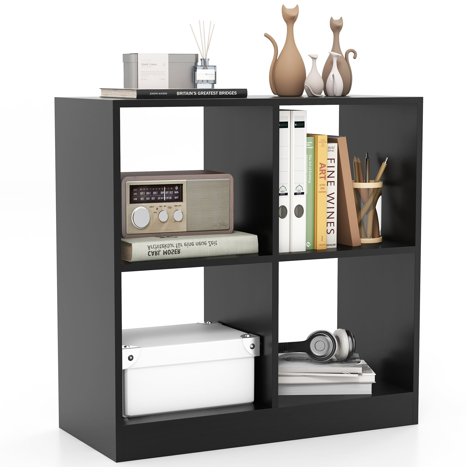 Topbuy 4-Cube Bookcase Floor Open Wooden Bookshelf with 2 Anti-Tipping Kits Modern Shelving Organizer Multipurpose Storage Cabinet Black