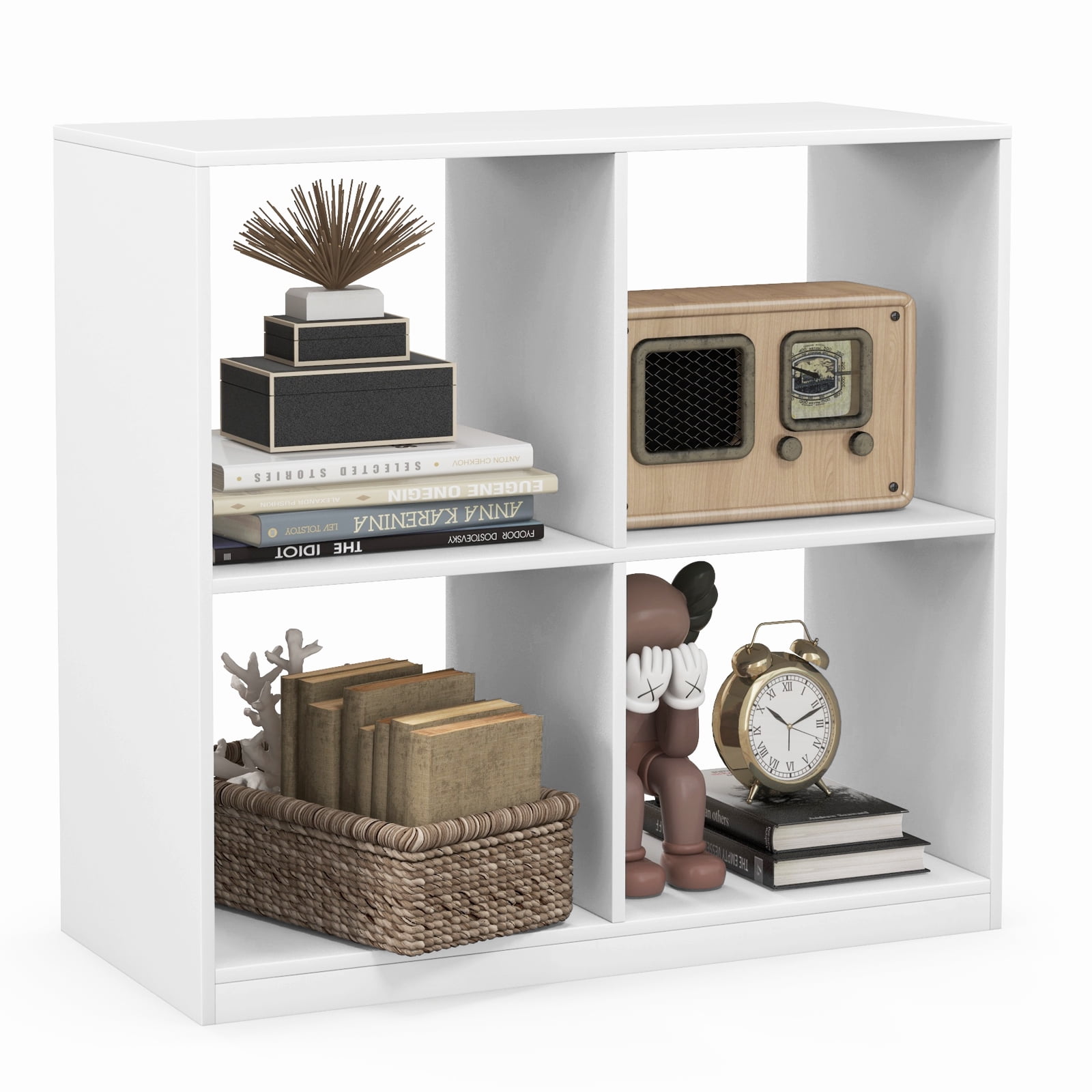 Topbuy 4-Cube Bookcase Floor Open Wooden Bookshelf with 2 Anti-Tipping Kits Modern Shelving Organizer Multipurpose Storage Cabinet White