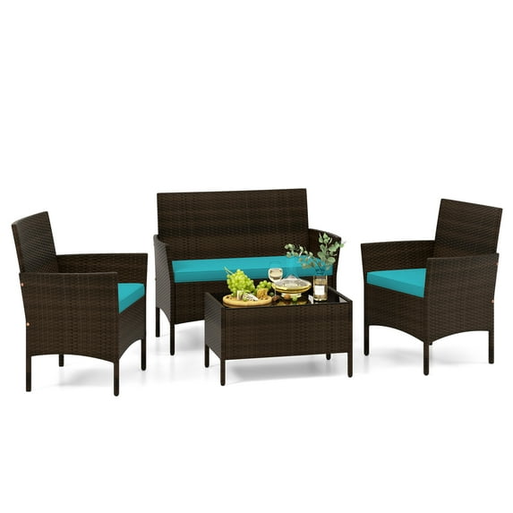 Topbuy 4 Piece Patio Rattan Conversation Set Outdoor Wicker Furniture Set w/ Chair Loveseat & Tempered Glass Table Turquoise
