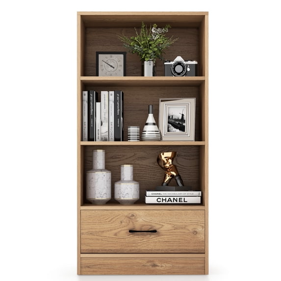 Topbuy 4-Tier Bookcase w/Storage Drawer Modern Storage Shelf w/3-Tier Open Shelf Freestanding Display Shelf Natural