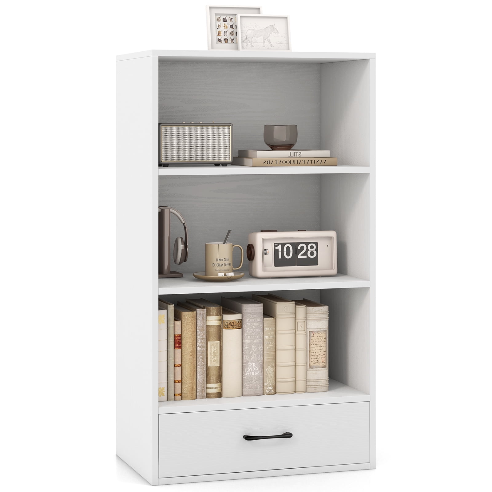White 48" Modern Wood Bookcase with Drawer and Shelves
