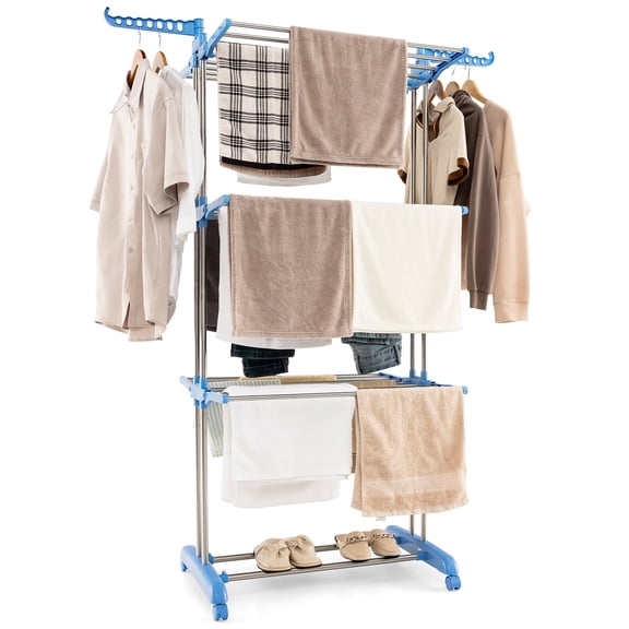 Topbuy 4-Tier Foldable Clothes Drying Rack, Oversized Drying Rack w/ Lockable Wheels & Rust-proof Metal Frame