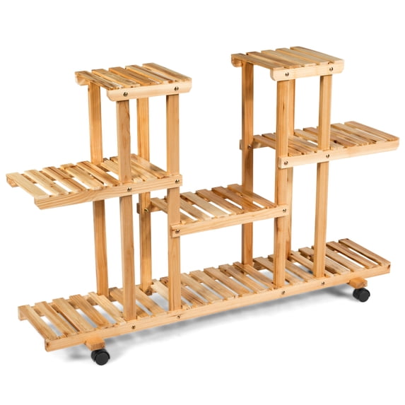 Topbuy 4-Tier Rolling Flower Rack Wood Plant Stand 12 Pots Bonsai Display Shelf w/ Lockable Casters