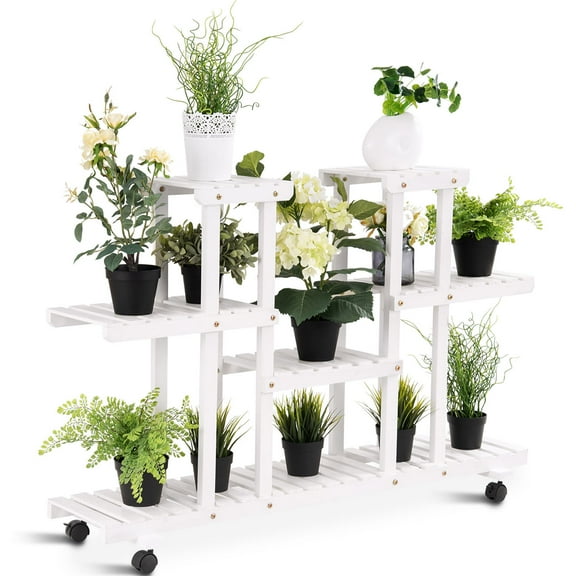 Topbuy 4-Tier White Rolling Flower Rack Wood Plant Stand 12 Pots Bonsai Display Shelf w/ Lockable Casters