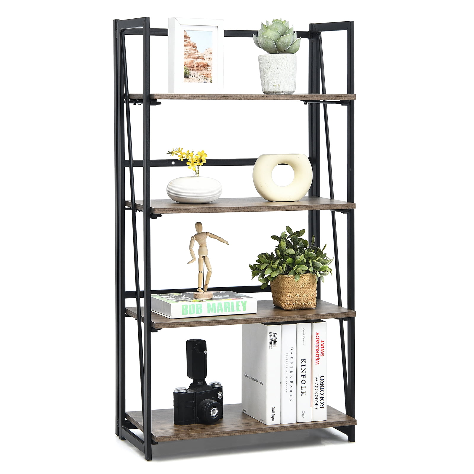 Rustic Brown 4-Tier Folding Industrial Bookshelf with Metal Frame