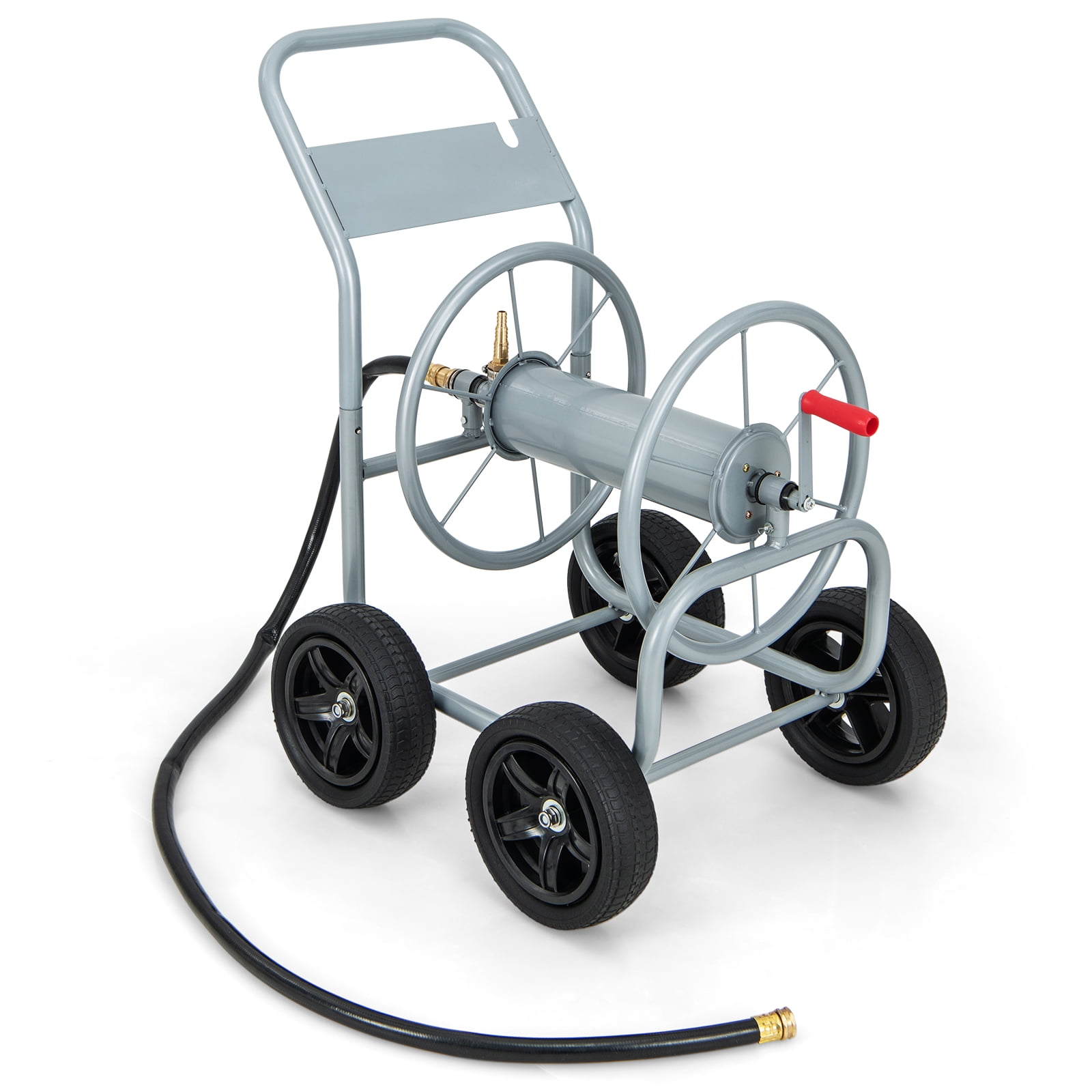 Topbuy 4-Wheel Garden Water Hose Reel Cart, Heavy Duty Wheel Water Planting Cart with Non-slip Crank Handle, Outdoor Slide Hose Guide System Grey