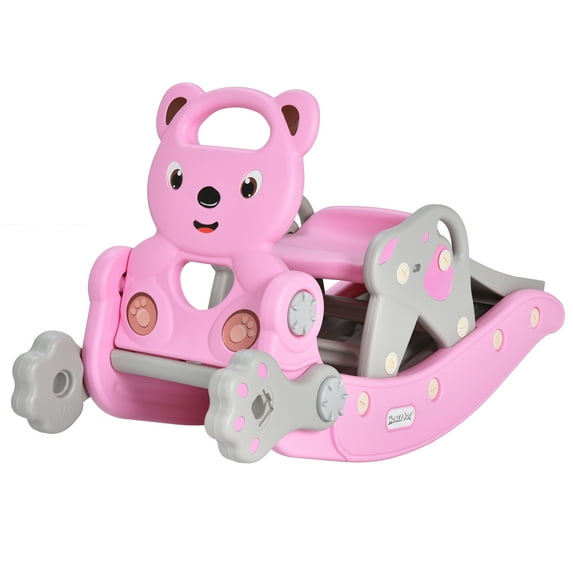 Topbuy 5 in 1 Toddler Slide Rocking Toy Rocking Horse Playset with Slide Basketball Hoop Ring Toss Game Pink