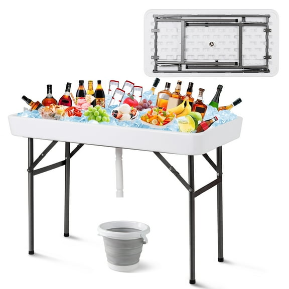 Topbuy Folding Ice Table with Drain 4 ft Portable Cooler with Removable Skirt No Assembly Fill and Chill Table for Food Drink Beverage White