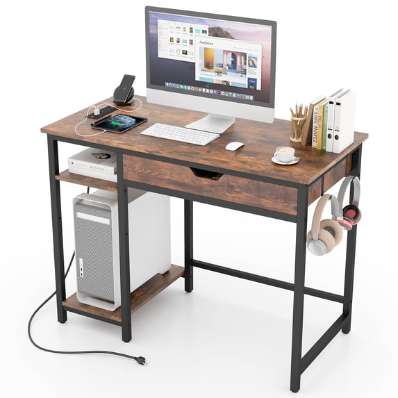 Topbuy 40" Computer Desk w/ Charging Station Drawer & Adjustable Shelf Headphone Hooks