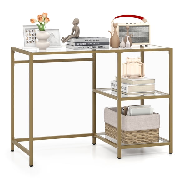 Topbuy 42 Modern Console Table Tempered Glass Entryway Table with 2 Open Shelves & Metal Frame