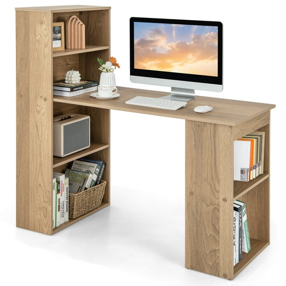 Topbuy 48 Inch Computer Desk with Bookshelf 3-in-1 Home office Desk with 4-Tier Bookcase & CPU Stand Space-saving Reversible Writing Desk Natural