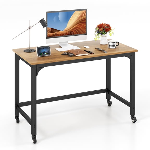 Topbuy 48” Rolling Computer Desk Mobile Study Writing Desk with Metal Frame Movable Home Office Desk Natural