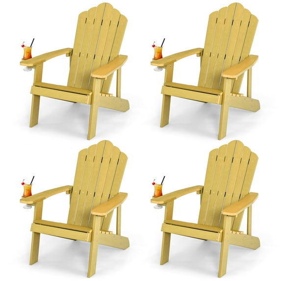 Topbuy 4PCS Adirondack Chair HIPS Chair w/Cup Holder Realistic Wood Grain Weather Resistant Outdoor Chair for 380 LBS Weight Capacity Yellow