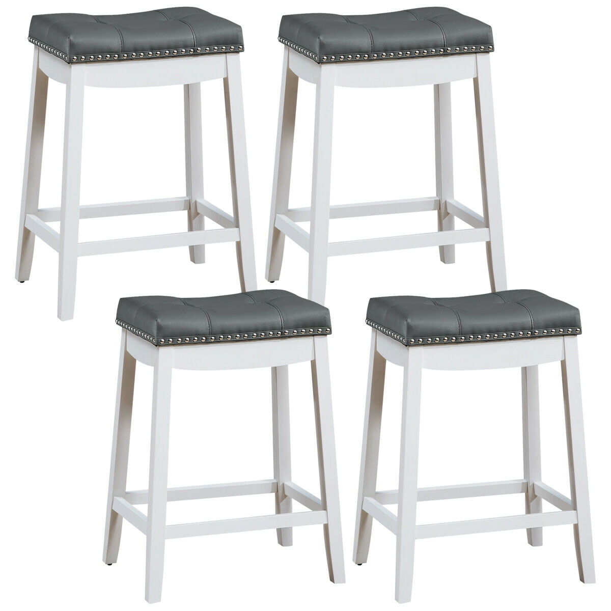 Topbuy 4PCS Saddle Bar Stools Backless Nailhead Counter Stool with Grey Cushions White