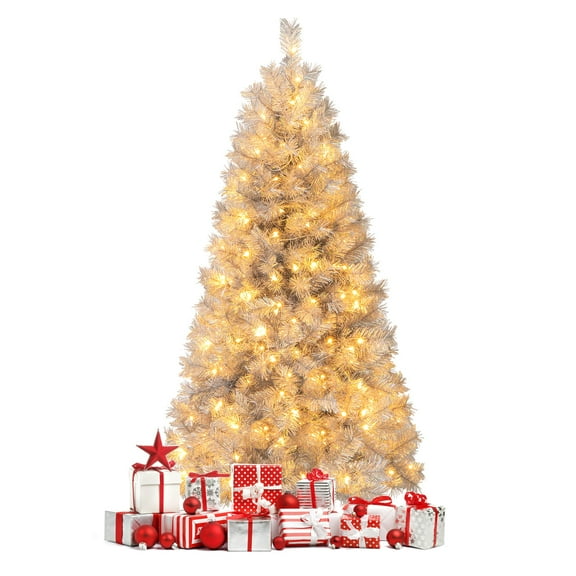 Topbuy 5 FT Artificial Christmas Tree Pre-lit Xmas Tree with Branch Tips LED Lights Silver Tinsel Leaves