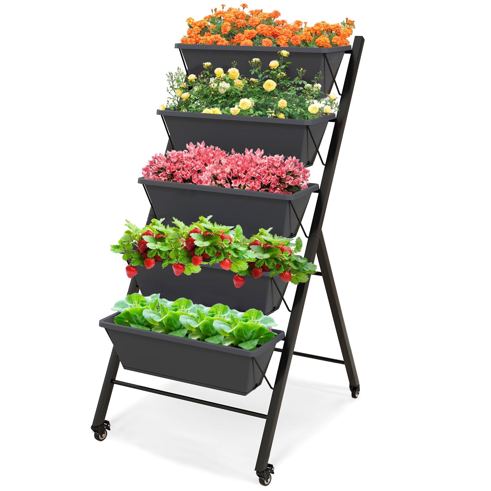 Black Metal 5-Tier Vertical Raised Garden Bed with Wheels
