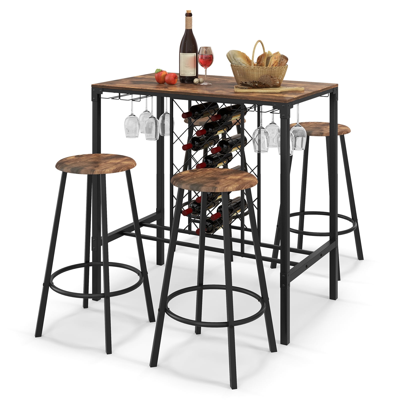 Rustic Brown and Black Industrial Pub Table Set with Wine Rack and Glass Holder