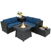 Topbuy 5-Piece Outdoor Patio Furniture Set with 50,000 BTU Propane Fire Pit Table Patio PE Wicker Conversation Set with Cushions Storage Box and Tempered Glass Coffee Table Navy