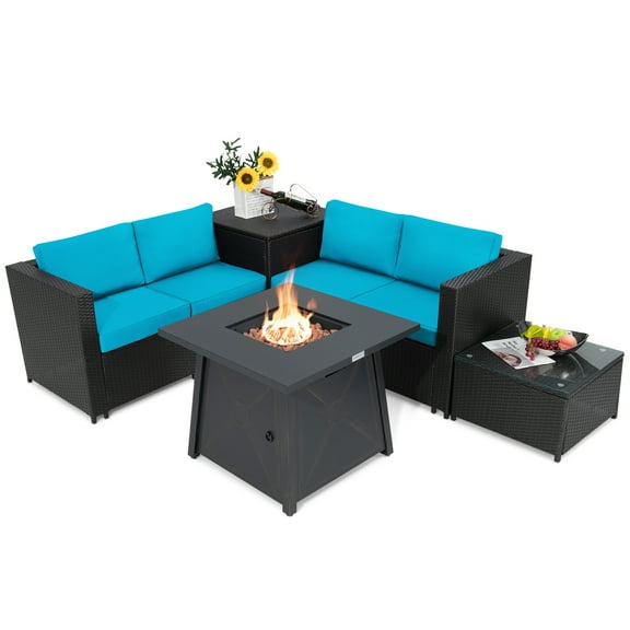 Topbuy 5-Piece Outdoor Patio Furniture Set with 50,000 BTU Propane Fire Pit Table Patio PE Wicker Conversation Set with Cushions Storage Box and Tempered Glass Coffee Table Turquoise