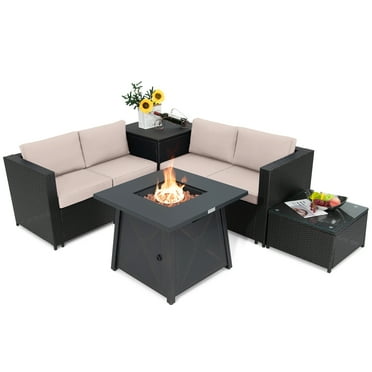 Topbuy 5-Piece Outdoor Patio Furniture Set with 50,000 BTU Propane Fire Pit Table Patio PE Wicker Conversation Set with Cushions Storage Box and Tempered Glass Coffee Table Beige
