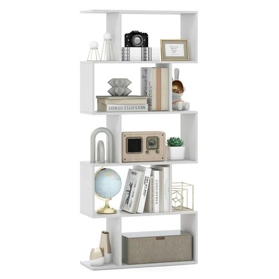Topbuy 5-Tier Geometric Bookshelf Wooden Decorative Display Shelf w/Large Capacity Freestanding S-shaped Bookcase White