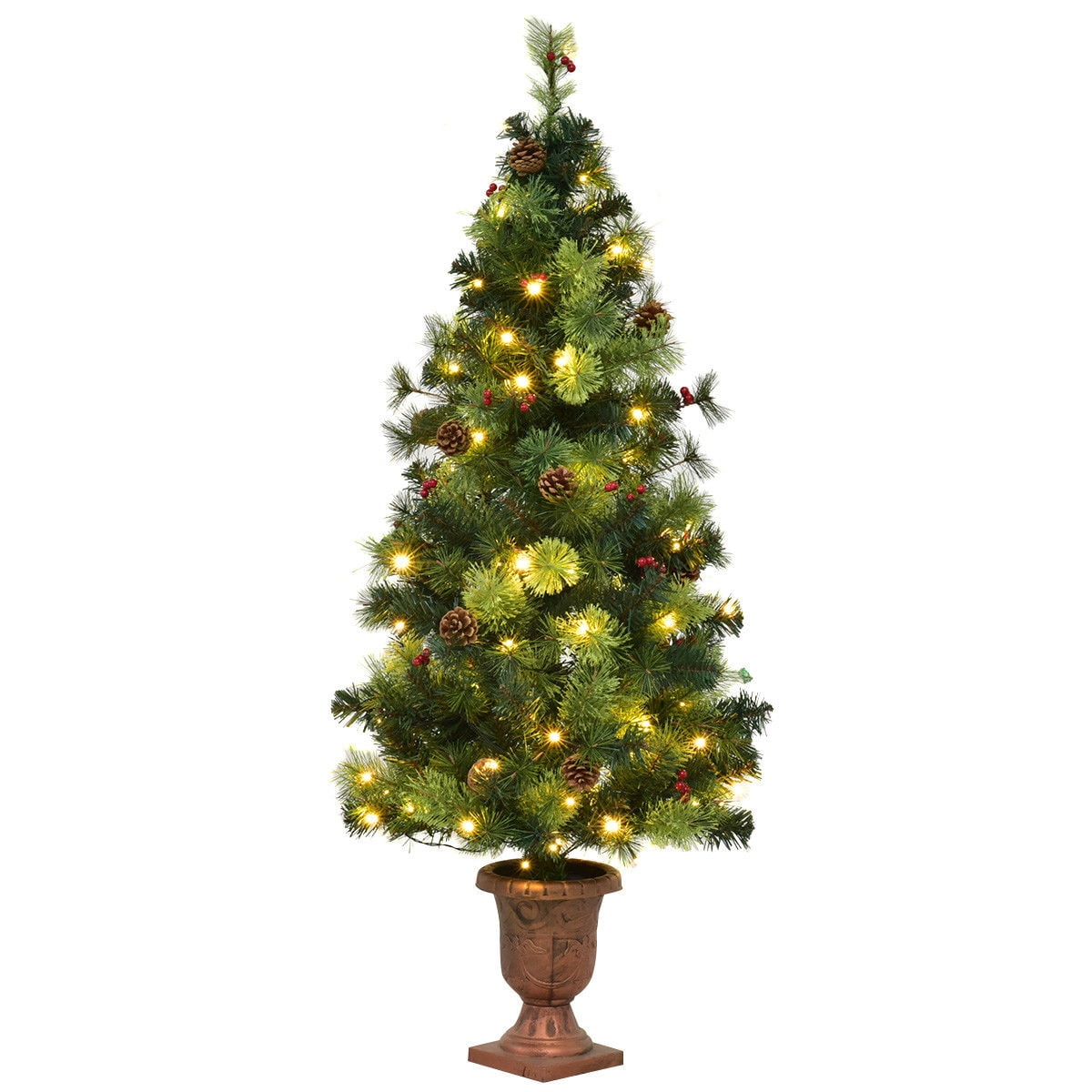 5-Foot Pre-Lit Green Christmas Tree with Pine Cones and Red Berries