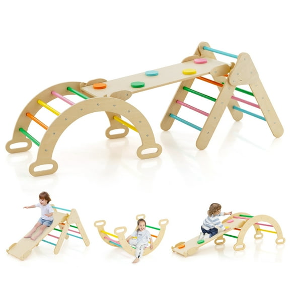 Patiojoy 5-in-1 Triangular Set of 3 Baby Climbing Toys w/ Triangular Climber Arch Ramp Rocker Indoor Outdoor Playground Wood Climbing Set Multi-Color