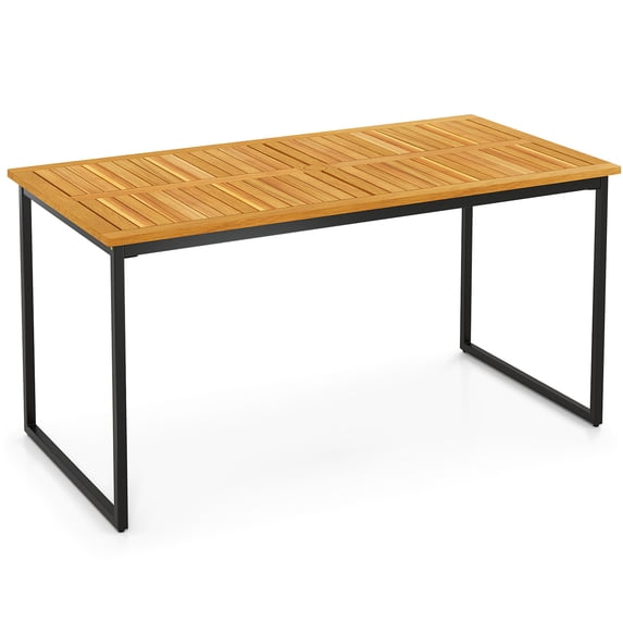 Topbuy 55” Patio Dining Table 6 People Acacia Wood Dining Table with Slatted Tabletop U-shaped Frame Adjustable Foot Pads