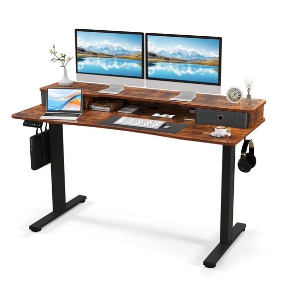 Topbuy 55" x 24" Standing Desk with Drawers Electric Stand-up Desk with Monitor Stand Rustic Brown