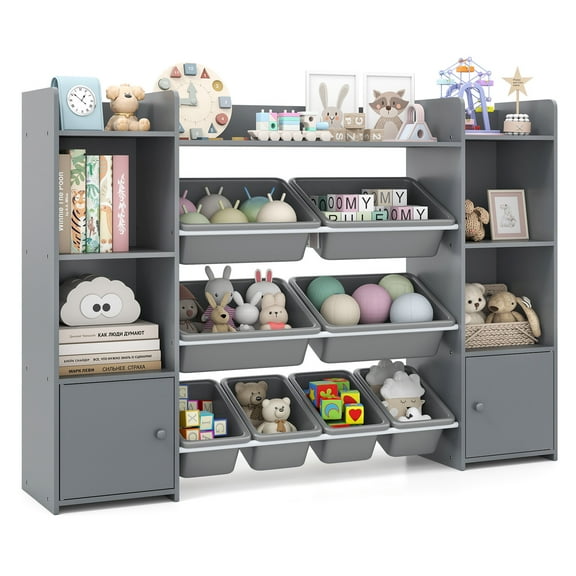 Patiojoy 56" Large Toy Storage Organizer 4-Tier Kids Cubby Shelf with 8 Removable Bins and Bookshelf Gray