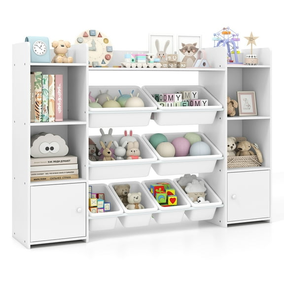 Patiojoy 56" Large Toy Storage Organizer 4-Tier Kids Cubby Shelf with 8 Removable Bins and Bookshelf White