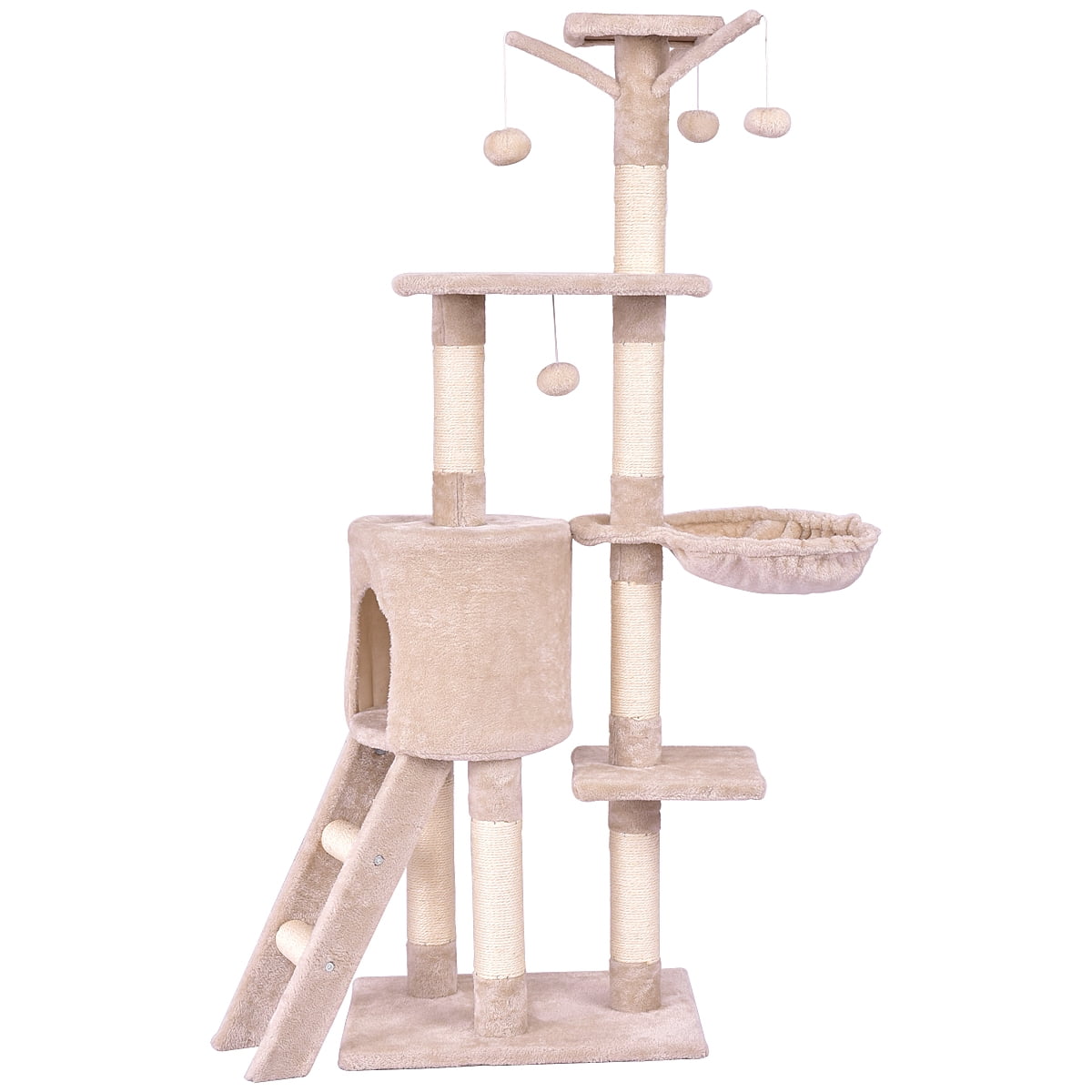 Beige 56-Inch Multi-Level Cat Tree with Sisal Posts and Condo