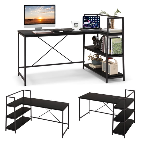 Topbuy 59 Inch L-Shaped Computer Desk Large Reversible Corner Desk w/ Open Storage Shelves PC Laptop Gaming Desk Black