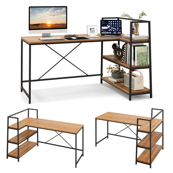 Topbuy 59 Inch L-Shaped Computer Desk Large Reversible Corner Desk w/ Open Storage Shelves PC Laptop Gaming Desk Black + Walnut
