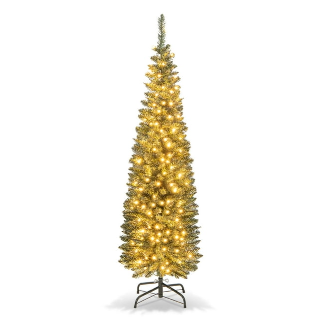 Topbuy 5FT Artificial Christmas Tree Prelit Pencil Xmas Tree with 296