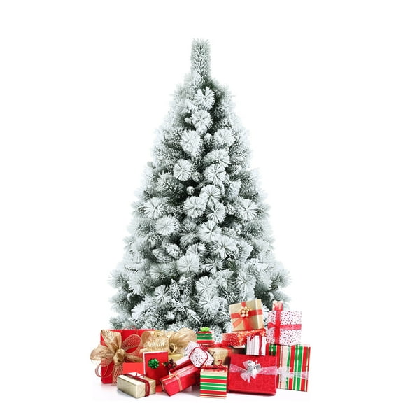 Topbuy 5FT Hinged Slim Artificial Xmas Tree Snow-Flocked Pencil Christmas Tree W/ 470 Branch Tips