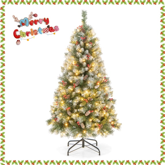 Topbuy 5FT Pre-lit Artificial Christmas Tree Pre-decorated Hinged Xmas Tree with 450 Branch Tips 200 LED Lights 8 Light Modes