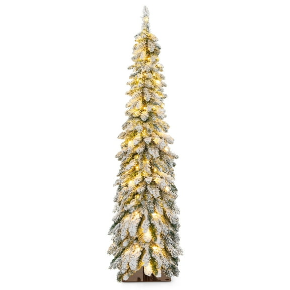 Topbuy 5FT Pre-lit Artificial Christmas Tree Snow-flocked Xmas Pencil Tree with 334 Branch Tips 150 LED Lights 2 Lighting Colors