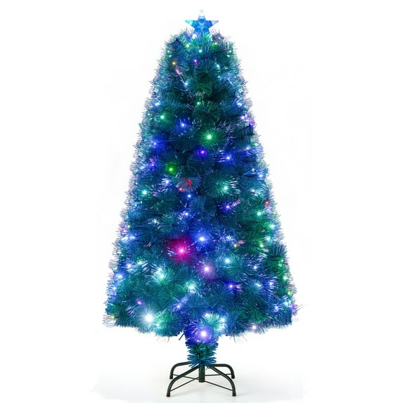 Topbuy 5FT Pre-lit Fiber Optic Christmas Tree Artificial Xmas Tree with 148 Multi-Color LED Lights Snowy Pine Needles & Top Star Light
